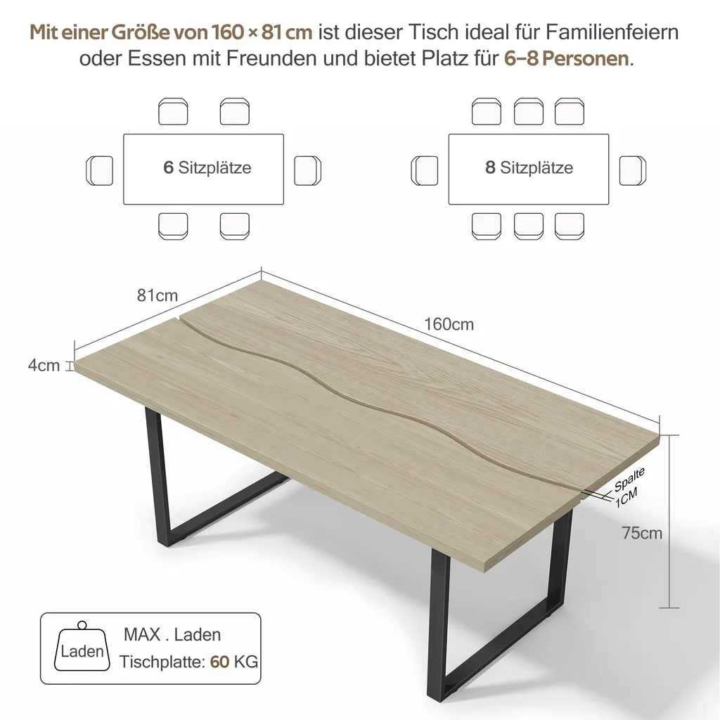 Table bois robuste et métal 160 cm résistante à l'eau et aux rayures