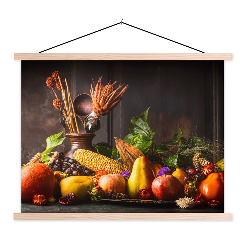 MuchoWow Textilposter Gemüse - Obst - Rustikal - Tisch 120x90 cm mit holzfarbenen Rahmen - Magnetisch