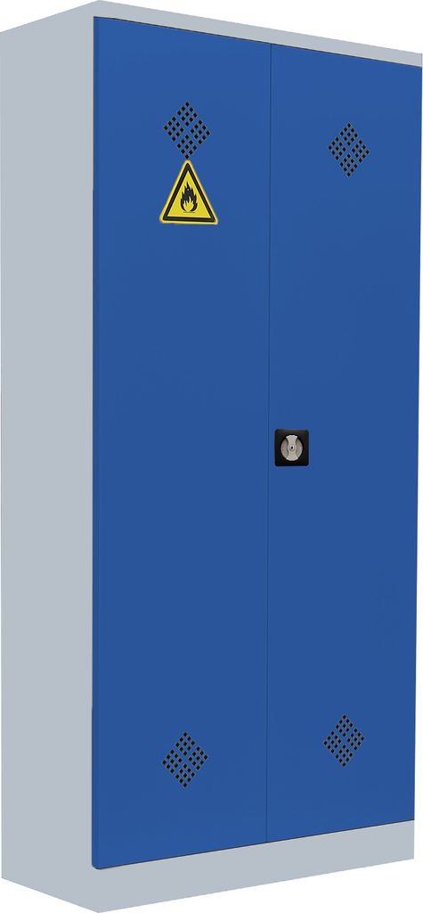 A blue and light gray cabinet with a hazard symbol.