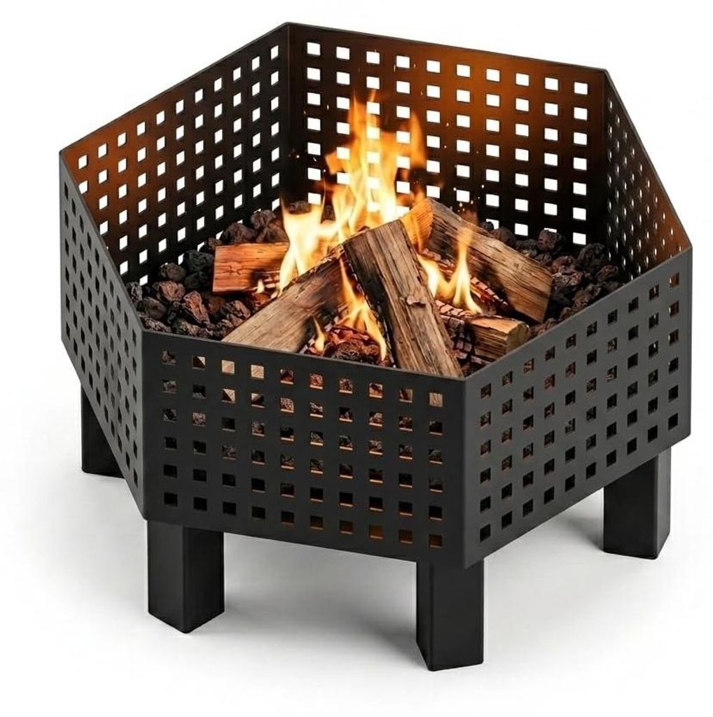 MetaloPro Hexa Flora Feuerschale sechseckig – Feuerstelle Garten 70 cm, 3 mm Stahl geschweißt, Lasercut Blatt-Motiv, schwarz pulverbeschichtet, ...