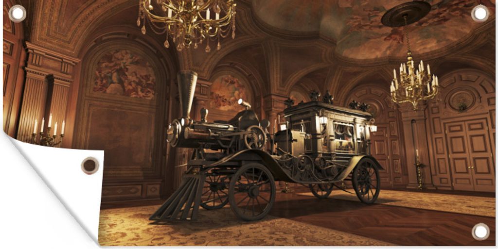 MuchoWow 60x30 cm Outdoor-Poster Gartendeko Sichtschutz Garten Poster für den Garten Steampunk-Wagen
