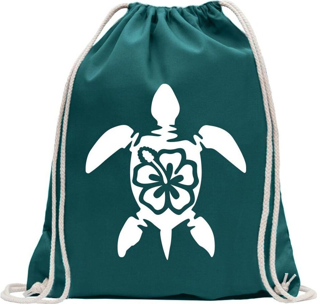 Kiwistar - Turnbeutel - petrol - Schildkröte Hawaii - Fun Rucksack Sport Beutel Gymsack Baumwolle mit Ziehgurt