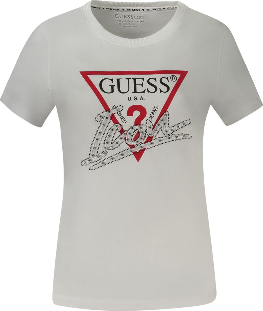 Damen Weißes Bio-Baumwoll-T-Shirt mit Strass & Stickerei, Größe: S Farbe: Bianco