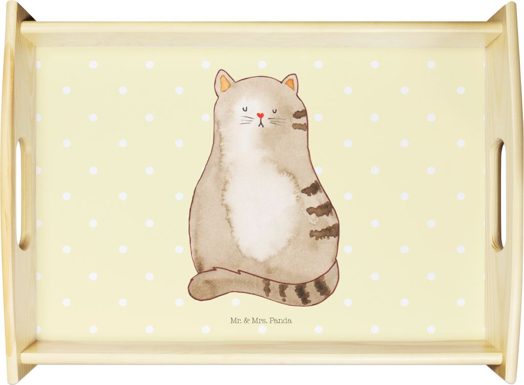 Mr. & Mrs. Panda Dekotablett Katze Sitzen - Gelb Pastell - Geschenk, serviertablett aus holz, Liebe, Cats, Cat, Sofa Tablett, Holztablett, Katzen
