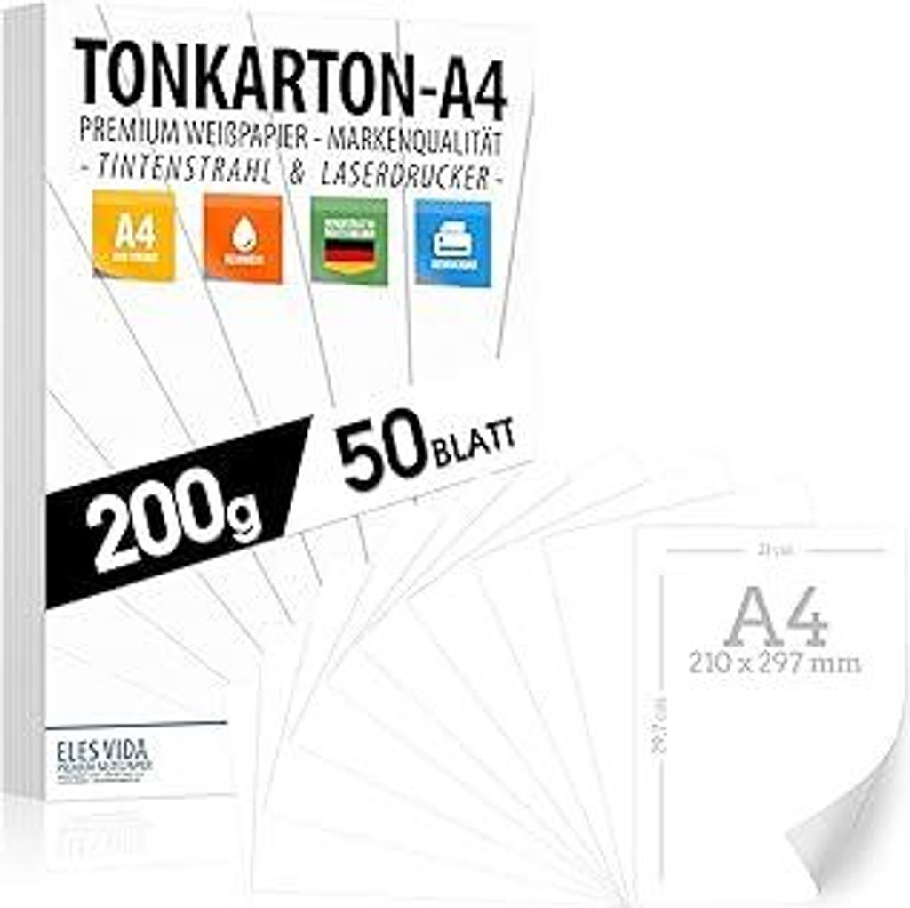 50 Blatt Papier 200g/m² Weiß Matt, PREMIUM PAPIER Reinweiß DIN A4-21 x 29,7 cm - Druckerpapier unbedruckt Digitaldruckpapier, Laserdrucker & Tin...
