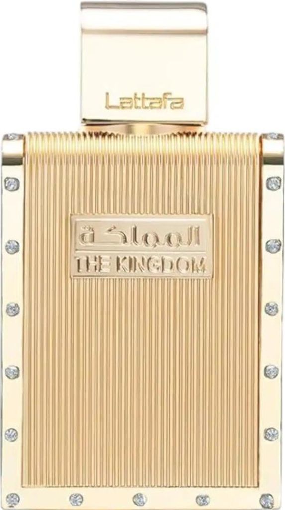 A gold-colored perfume bottle with a textured design and decorative stones.