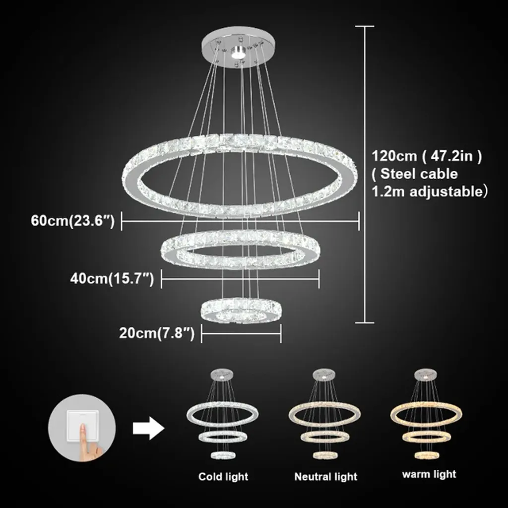 Lustre moderne intensité variable avec cristaux de luxe et 3 anneaux