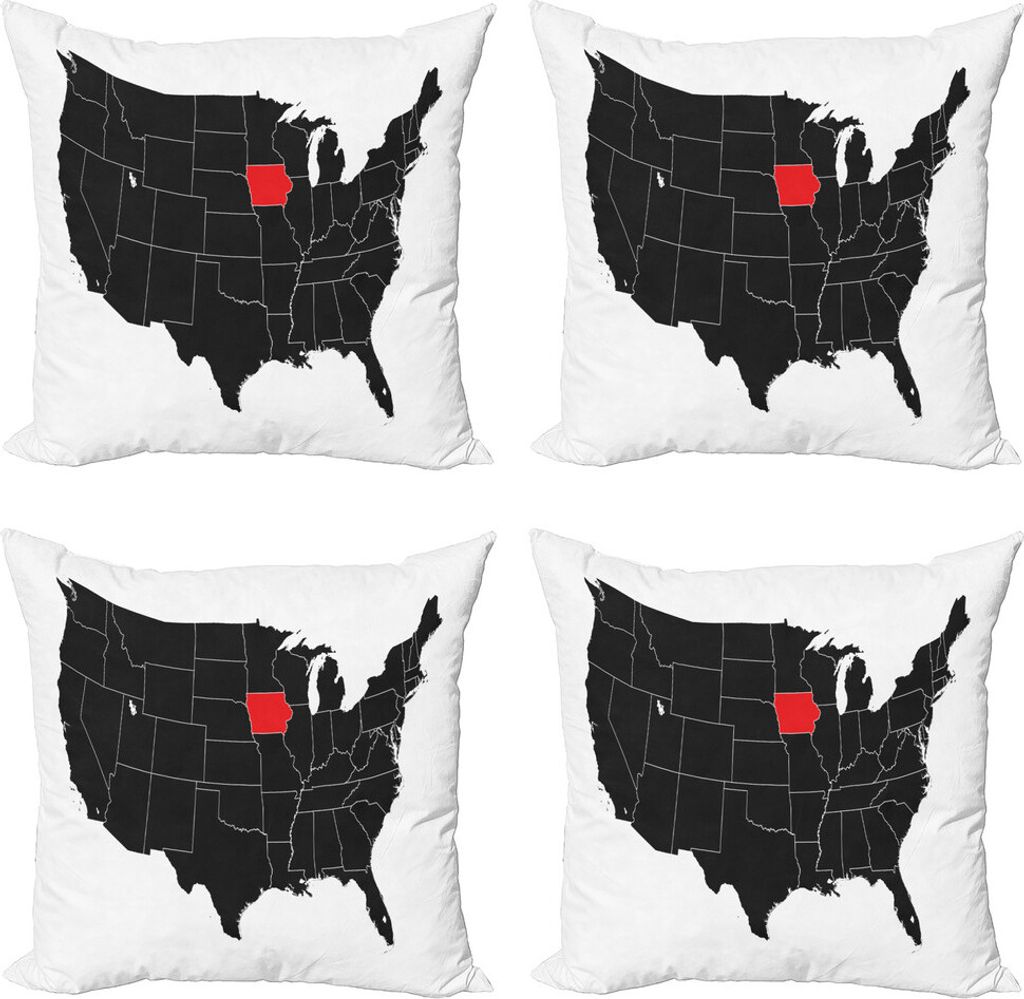 ABAKUHAUS Iowa State Kissenbezug Set (4 Stück), Nordamerika-Karten-Entwurf, Moderner Doppelseitiger Digitaldruck, 60 cm x 60 cm, Schwarz Vermilion...
