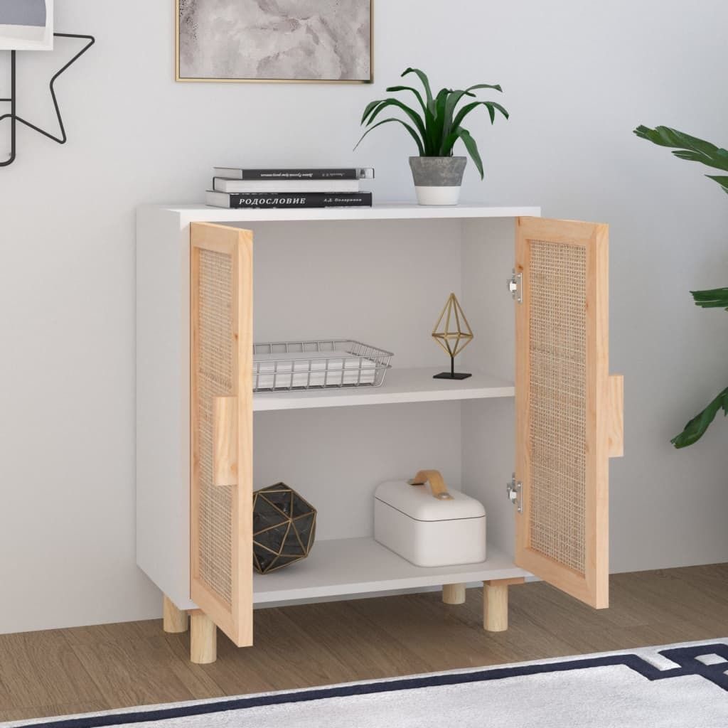 "im Sonderangebot"Sideboard - praktischem Design - Wohnzimmerschrank - Kommde für Flur - Weiß 60x30x70 cm Massivholz Kiefer und Natur-Rattan DEM...