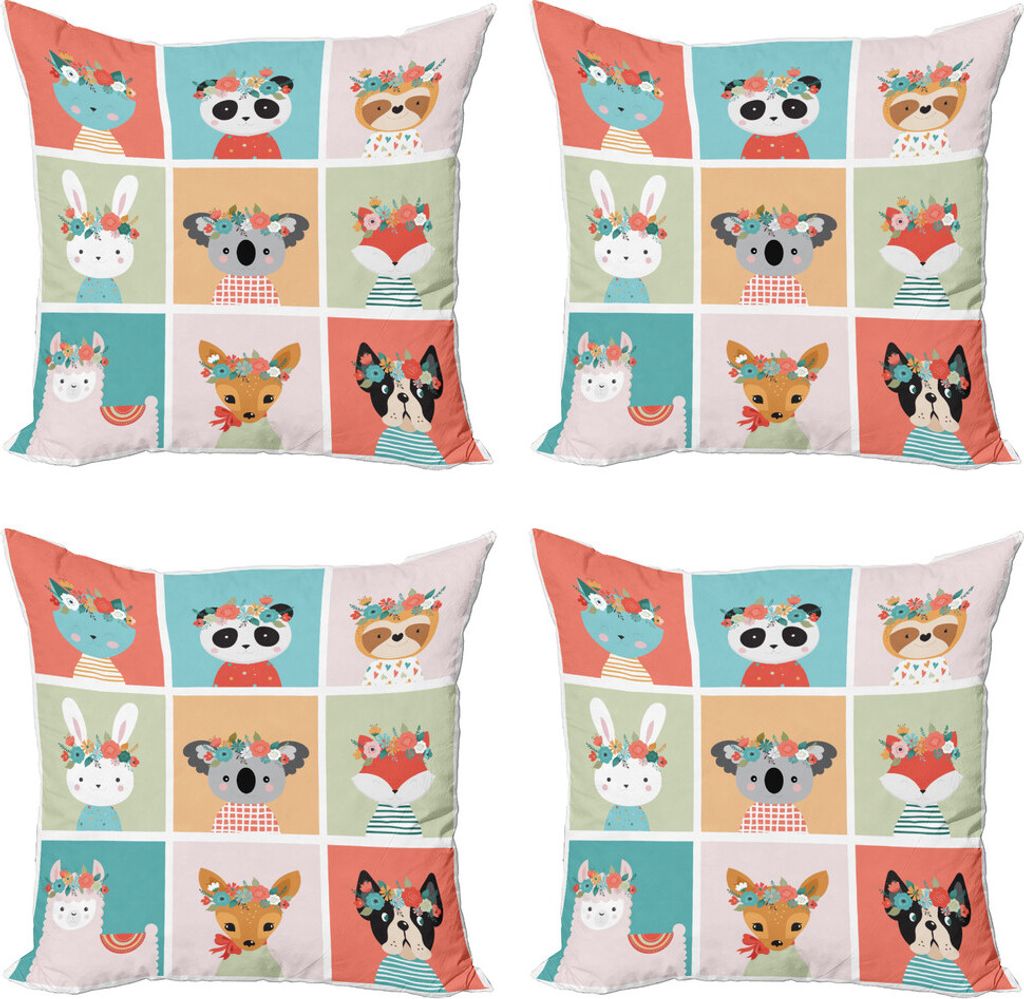 ABAKUHAUS Blumen Kissenbezug Set (4 Stück), Verschiedene Tiere mit Blumen, Moderner Doppelseitiger Digitaldruck, 50 cm x 50 cm, Mehrfarbig