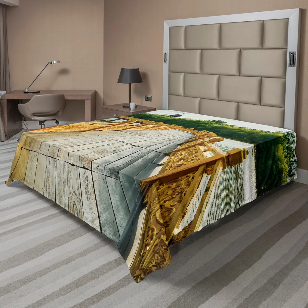 ABAKUHAUS Drap de Lit Paysage Pont en Bois Doré 275x260cm Moutarde