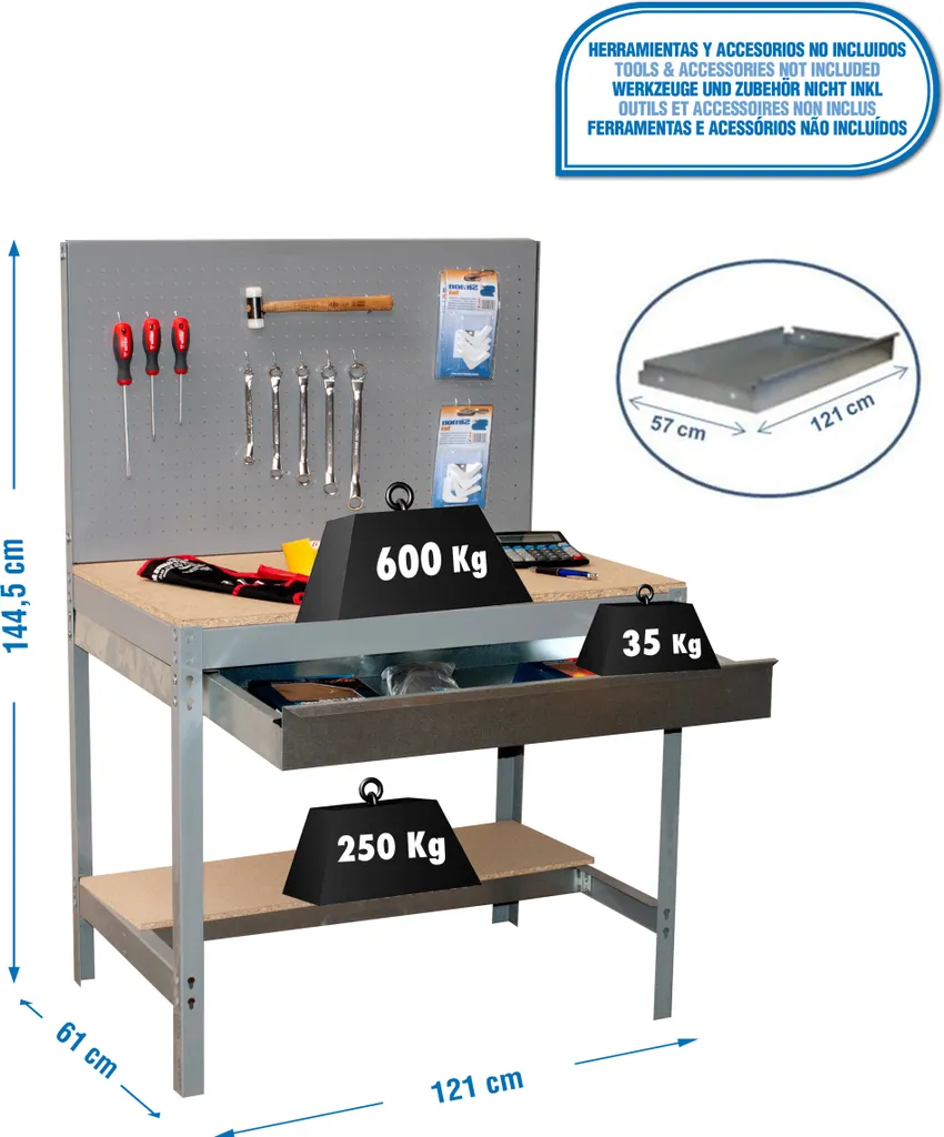 Établi Métallique Simonrack avec Tiroir et Panneau Perforé 121x61 cm