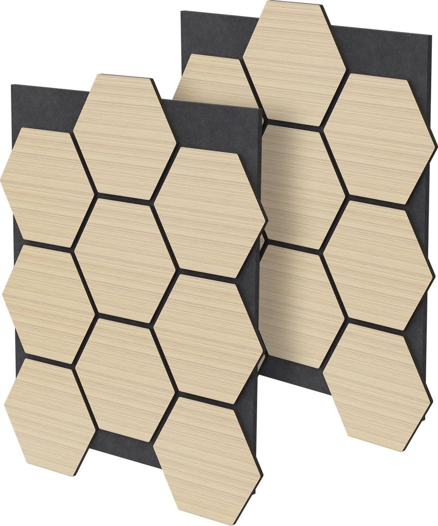 ML-Design 2er Set Akustikpaneele 66x81x2cm für 1m² - Eiche, MDF Akustikplatten in Hexagon-Holzoptik, Wandpaneele zur Schalldämmung, Wandverkleidung