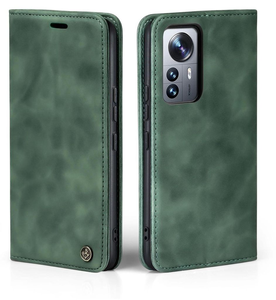 A green flip case for a smartphone is shown from two angles.