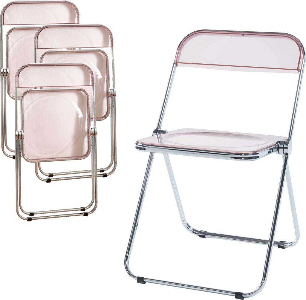 A set of four folding chairs stacked together on the left, and one chair unfolded on the right, all against a white background.