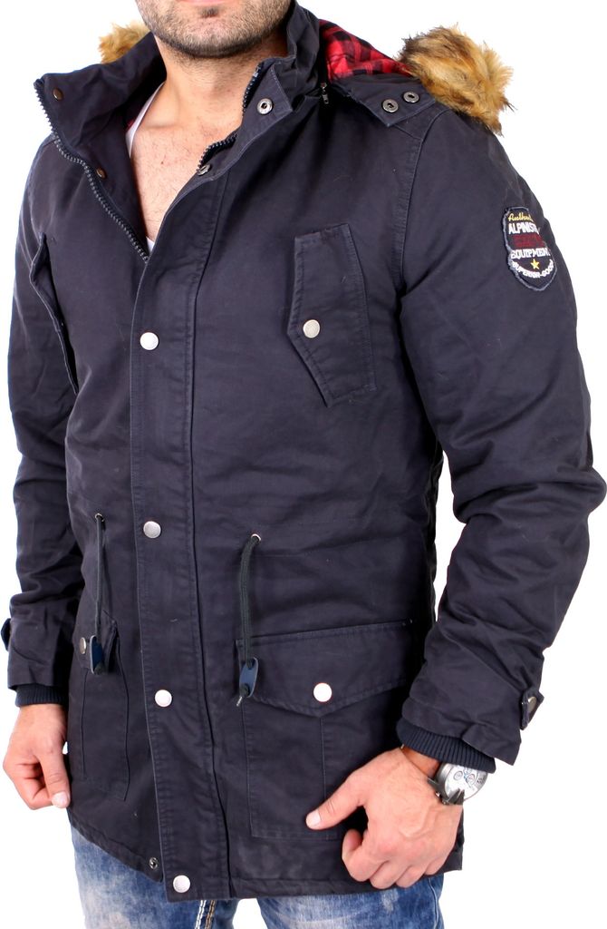 Reslad Winterjacke Herren Parka Jacke mit Kapuze und Fell RS-505 Navyblau 2XL