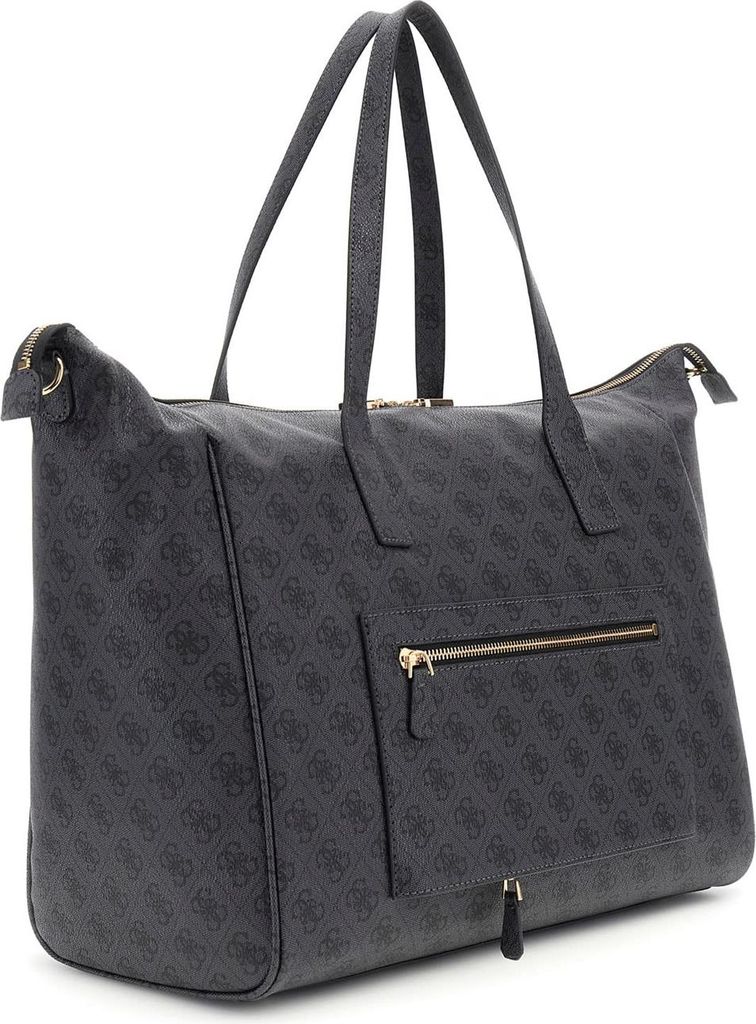 A studio shot of a dark gray shopper bag with a repeating logo pattern.