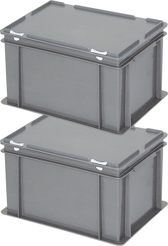 2 Euroboxen mit Deckel, LxBxH 400x300x230 mm, 21 Liter, grau