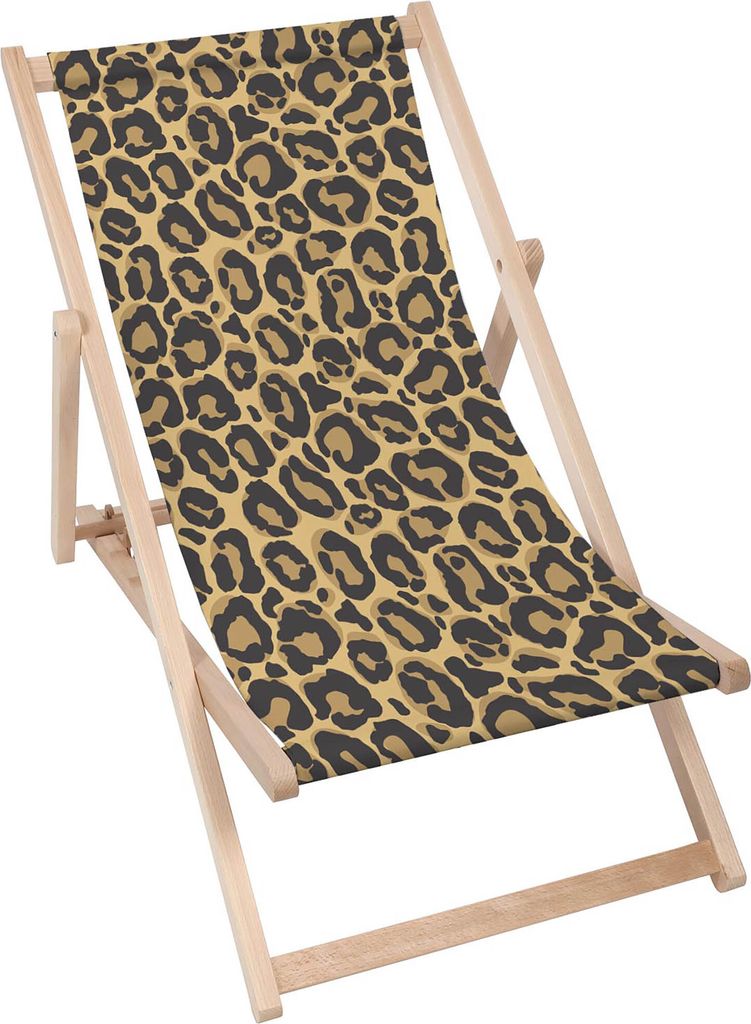 A leopard print deck chair on a white background.