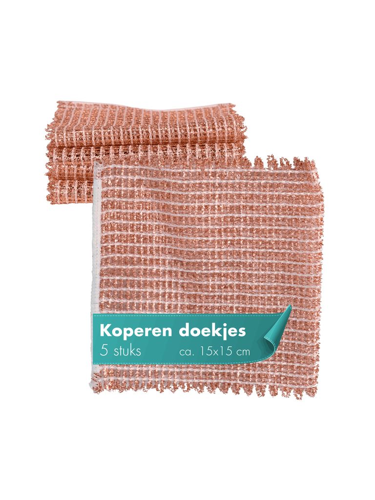 Koperen doekjes, 5 stuks, 15x15 cm – krasvrij op rvs, glas Productafbeelding 