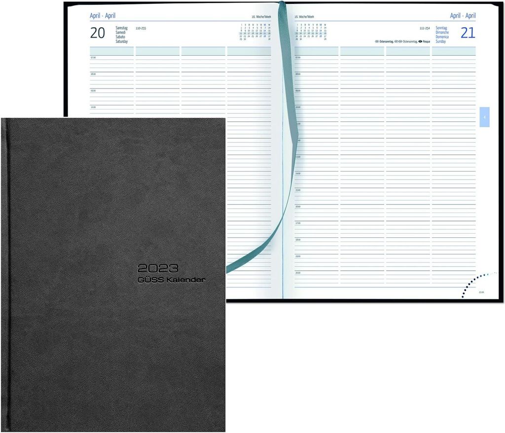 A black planner book is shown open, revealing its pages with a blue ribbon bookmark.