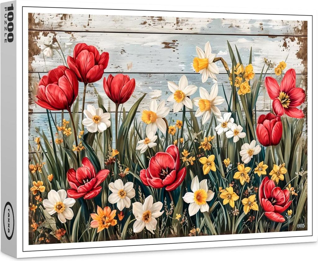 raxxa Premium-Puzzle "Red Tulips and Daisies on White Planks", 1000 Teile