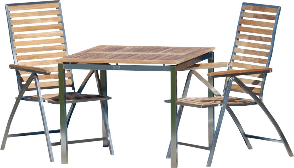ALEOS. Gartengarnitur Edelstahl Teak Set: Tisch 90x90 cm + 2 Teak-Edelstahl Hochlehner, Sitzgruppe A-Grade Teak Holz - Gartenmöbel Set 2 Personen ...