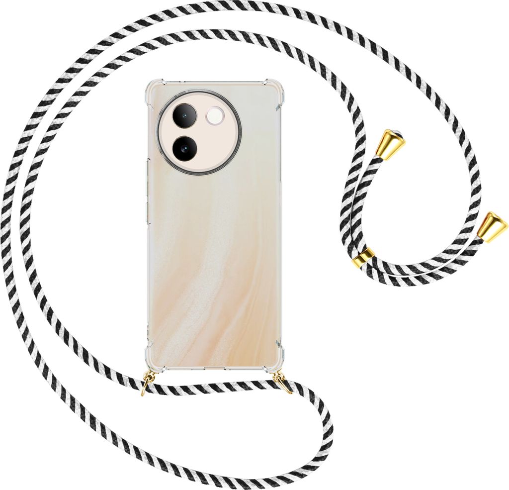 Handykette Backcover-Schutzhülle mit Band (Metall goldfarben) für vivo V30E 5G / V40 lite 5G - schwarz/weiß gestreift