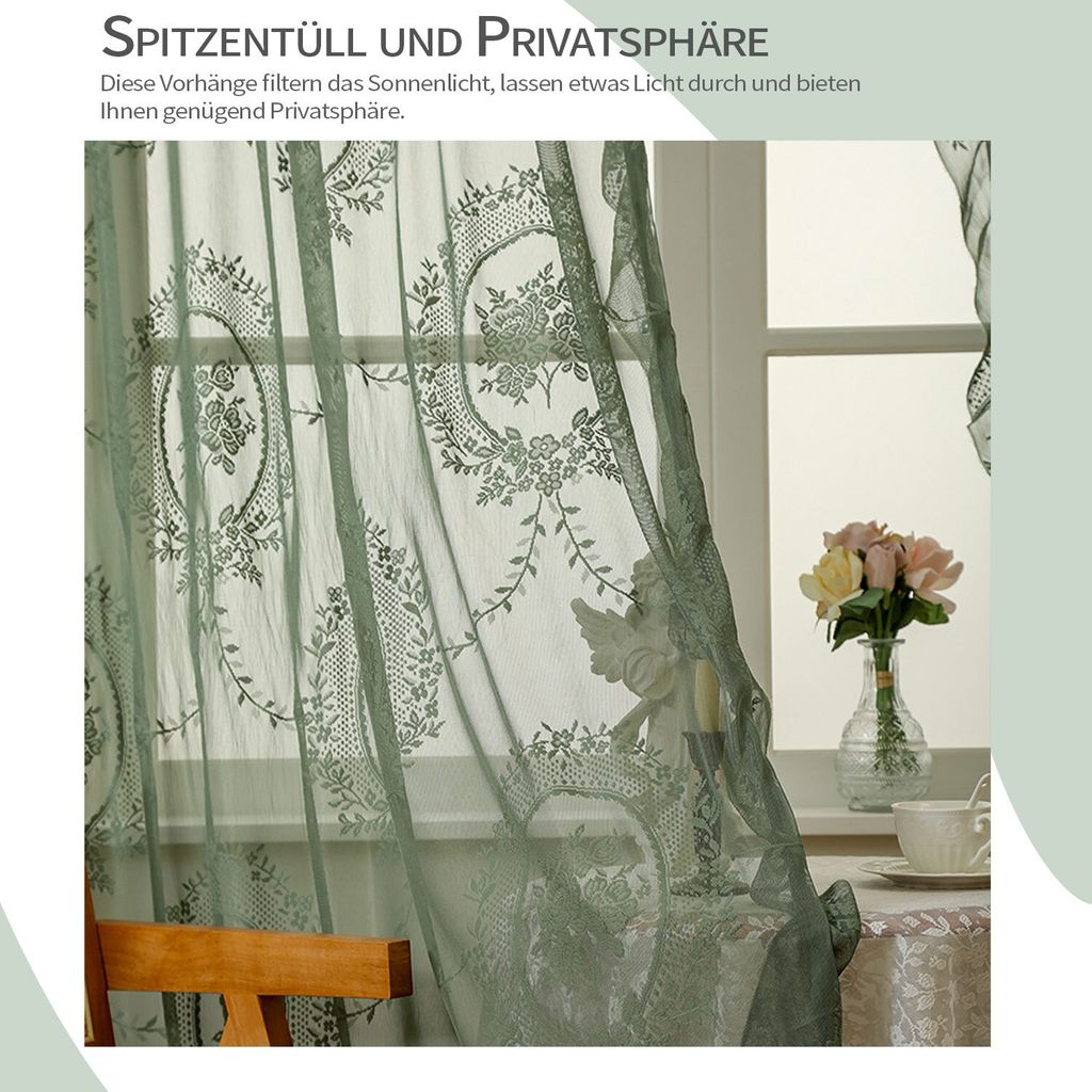 2 Stk Olivgrüne Spitzenvorhänge Vintage Vorhänge Blumen