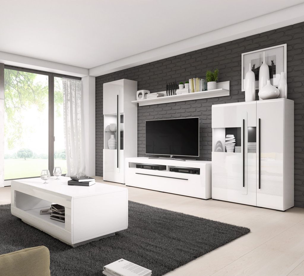 Wohnzimmer Anbauwand weiß Hochglanz TURDA-83 moderner Stil mit Absetzungen in schwarz inkl. LED Beleuchtung und Couchtisch, B/H/T: ca. 320/204/50 cm