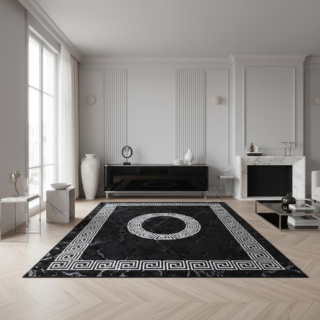 Moderner Teppich Mäander Zeitlos Waschbar Strapazierfähig | Schwarz 140x200 cm Flur Saugroboter geeignet Gekettelt | INN – Kadima Design