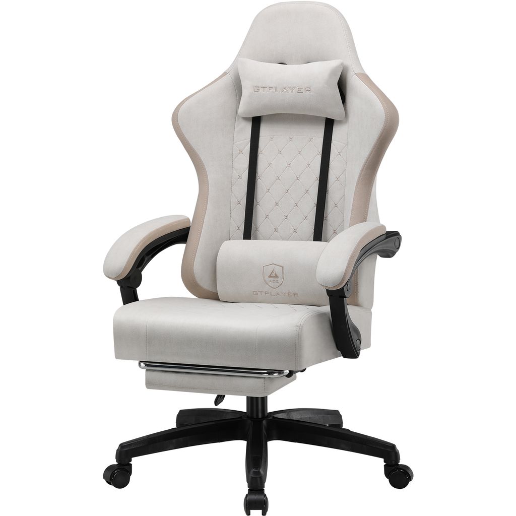 A beige and gray gaming chair with a footrest, shown from the front on a white background.