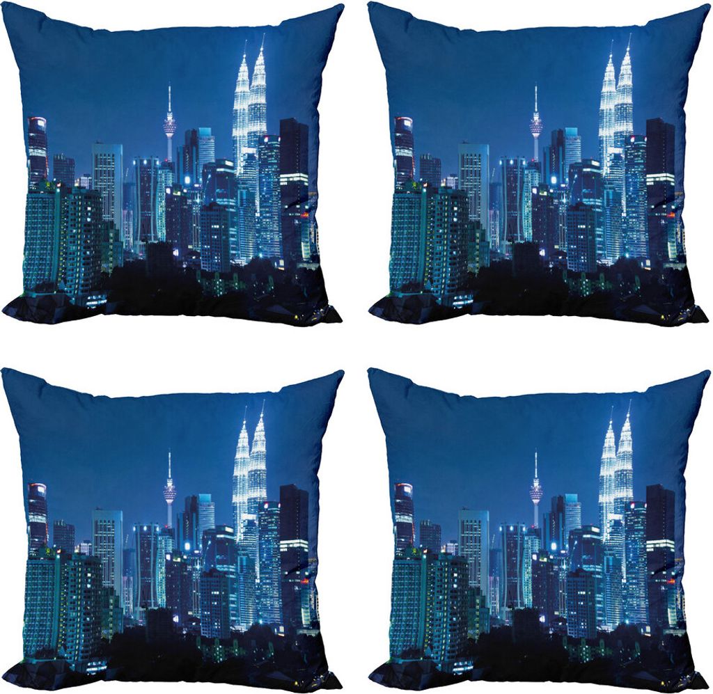 ABAKUHAUS Stadtansicht Kissenbezug Set (4 Stück), Kuala Lumpur Skyline, Moderner Doppelseitiger Digitaldruck, 45 cm x 45 cm, Marine Schwarz