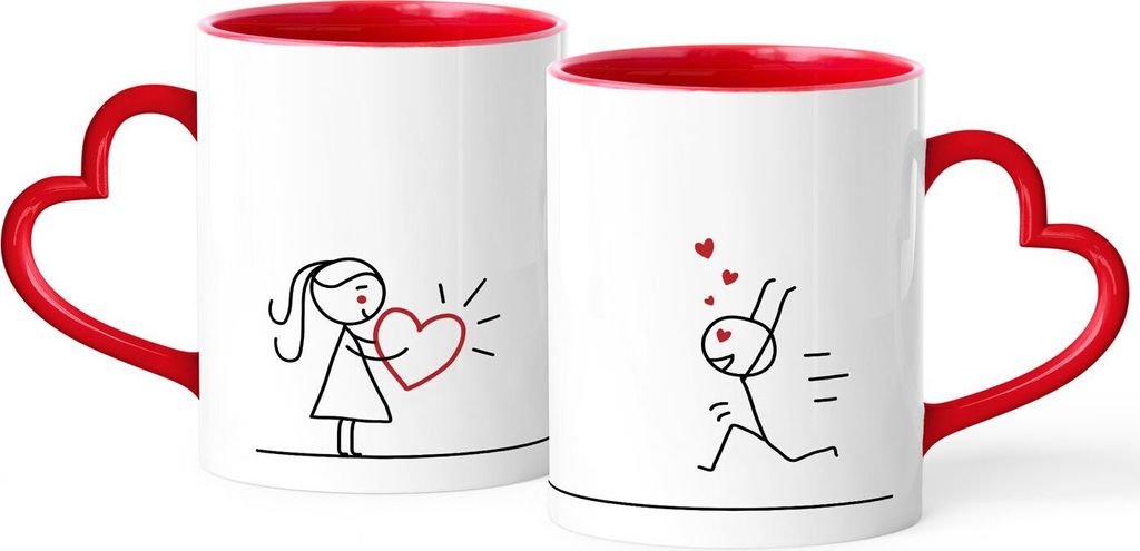 Partner-Tasse 2er Set Herzhenkel Strichmännchen Liebespärchen Herzen Geschenkidee Valentinstag Weihnachten Paare SpecialMe rot Herz-Tasse