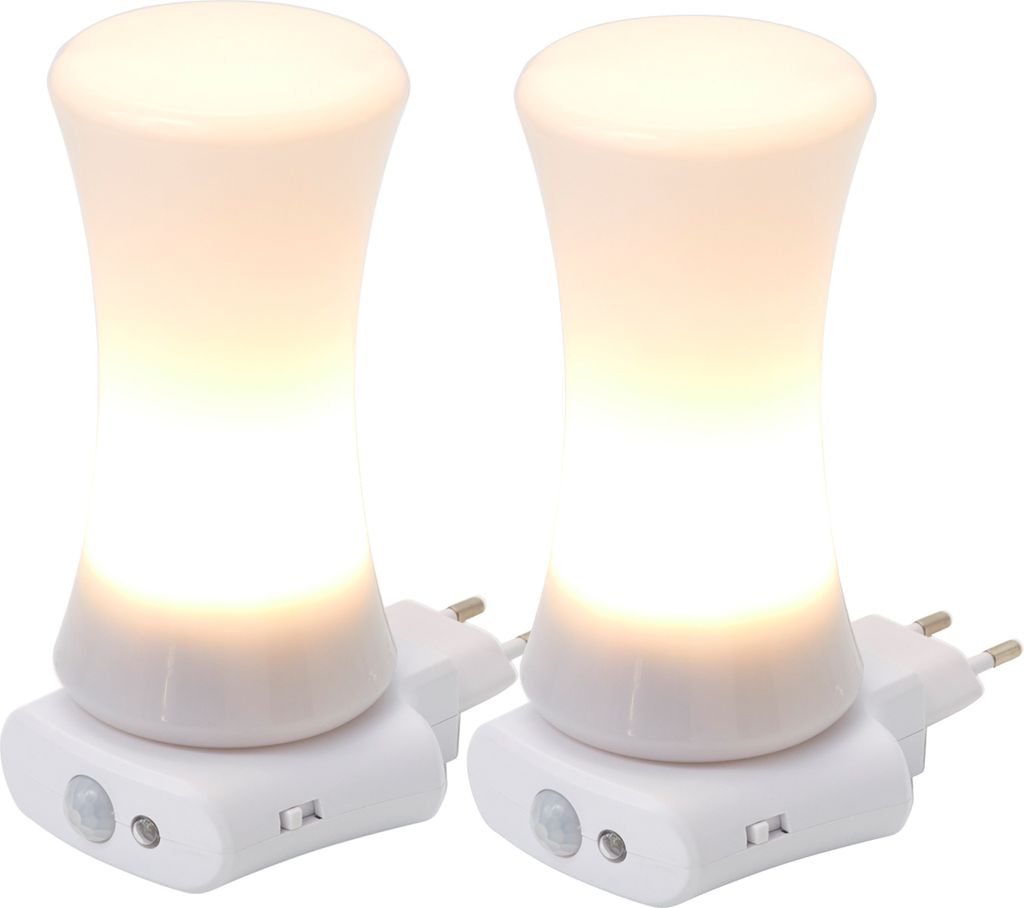 Two white LED plug-in night lights with a motion sensor and a cylinder-shaped frosted diffuser.