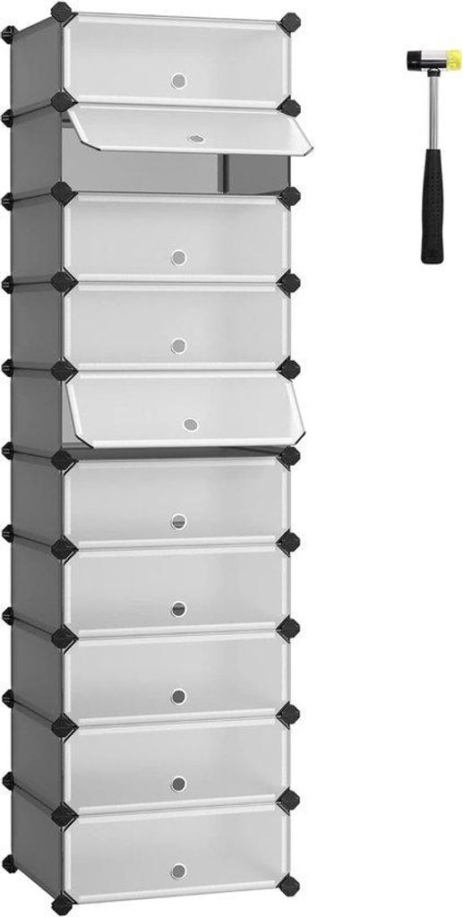 Famanu Schuhschrank mit 10 Fächern, modulares Regal aus Kunststoff, Schuhbox mit Tür, grau