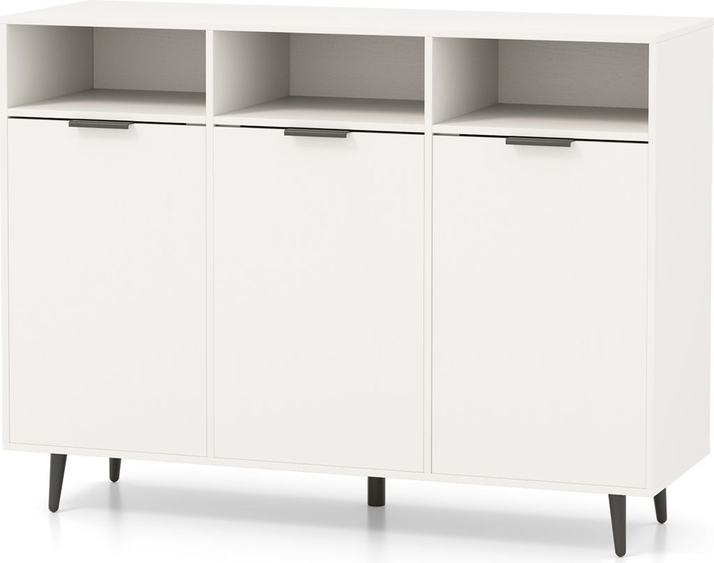 A white sideboard with three doors and three open shelves on top, resting on four black legs.