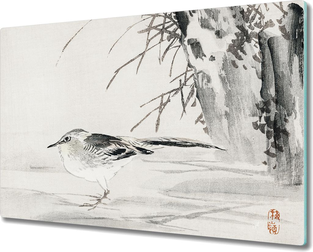Coloray Kochplattenabdeckung Herdabdeckplatte 80x52 cm Hackbrett Schneidebrett Küchenbrett - Baum Tier Vogel Spatz