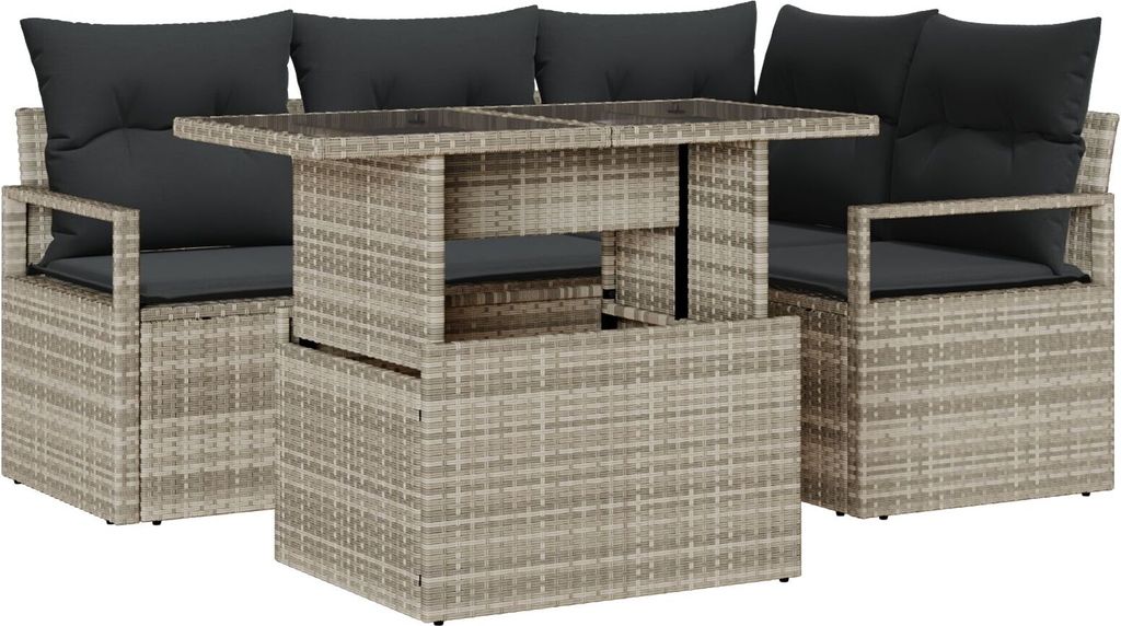 Möbel 5-teiliges Garten Sofa Set mit Kissen Hellgraues Poly Rattan, 2-Sitzer Garten Sofa mit Kissen Graues Poly Rattan - Gartensofas 3348818