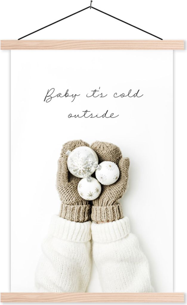 MuchoWow Textilposter Winter - Handschuhe - Weihnachtskugeln 60x90 cm mit holzfarbenen Rahmen - Textil