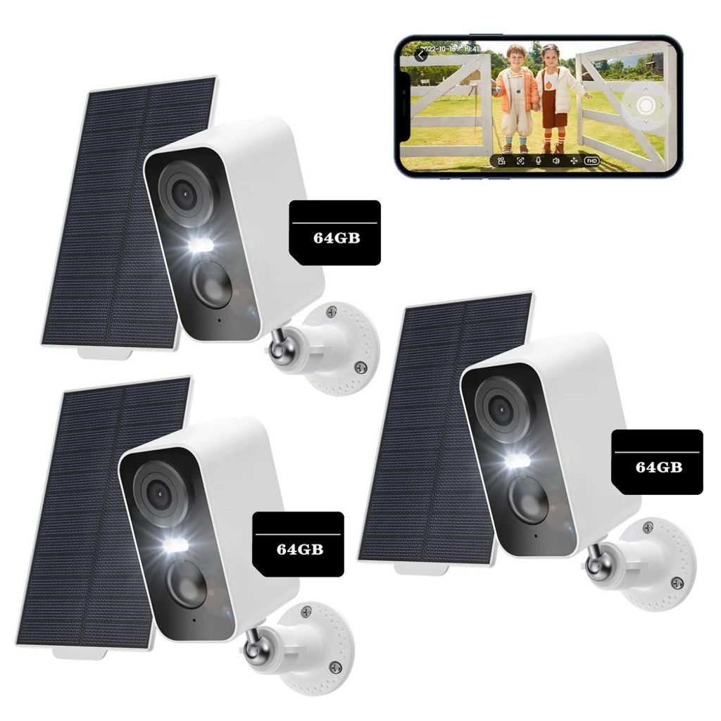 3 Stück 2K Überwachungskamera Aussen Akku mit Solarpanel, überwachungskamera Aussen Solar mit Spotlight 64GB Speicher Karte