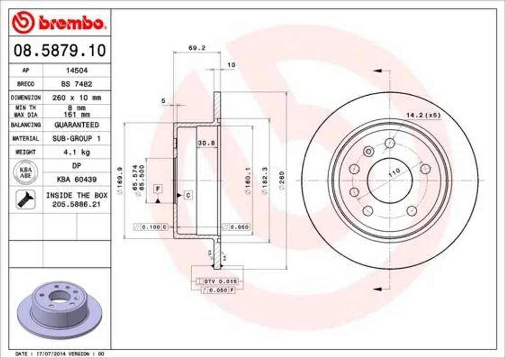 Disque de Frein Brembo 569105 pour Révision et Entretien Opel Vectra