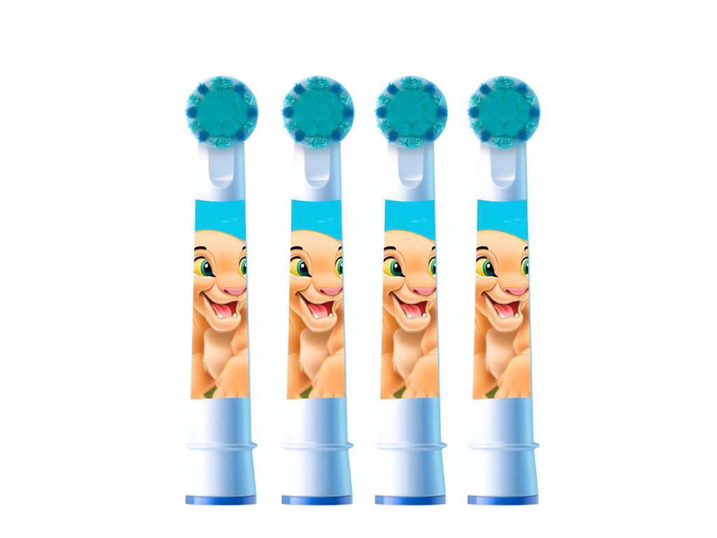 Four toothbrush heads with cartoon characters on a white background.