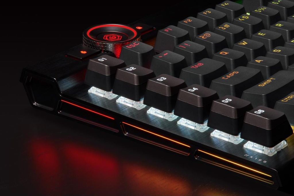 A close-up, angled view of a gaming keyboard with RGB lighting.
