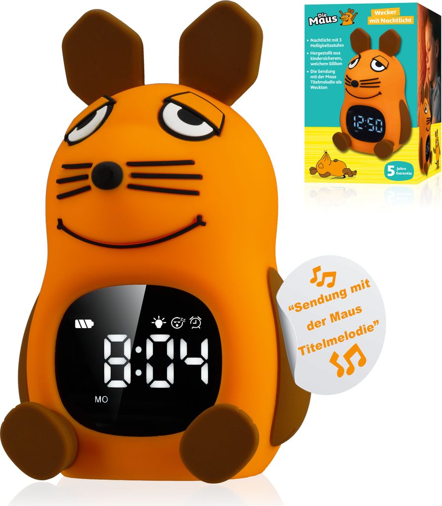 A cartoon mouse-shaped alarm clock with a digital display, shown from the front.