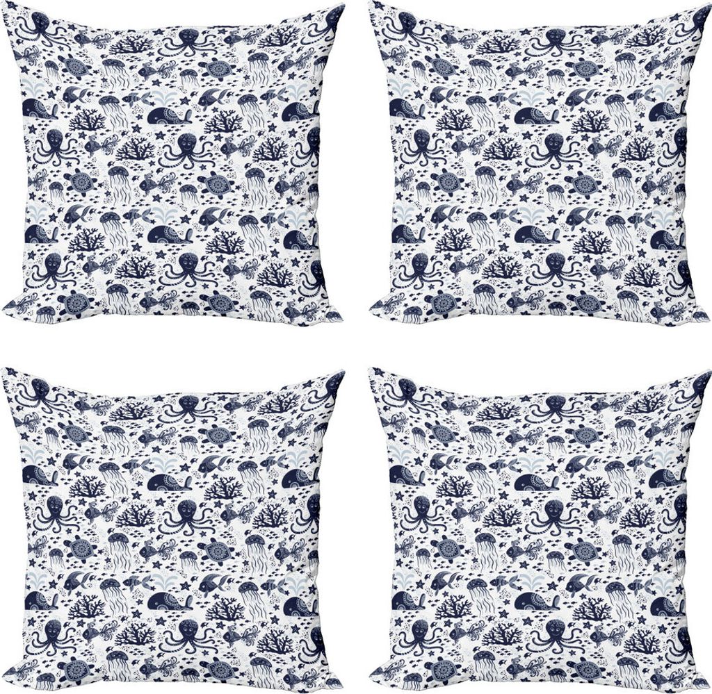 ABAKUHAUS Natur Kissenbezug Set (4 Stück), Ornament Wasser Creatures, Moderner Doppelseitiger Digitaldruck, 45 cm x 45 cm, Indigo Weiß