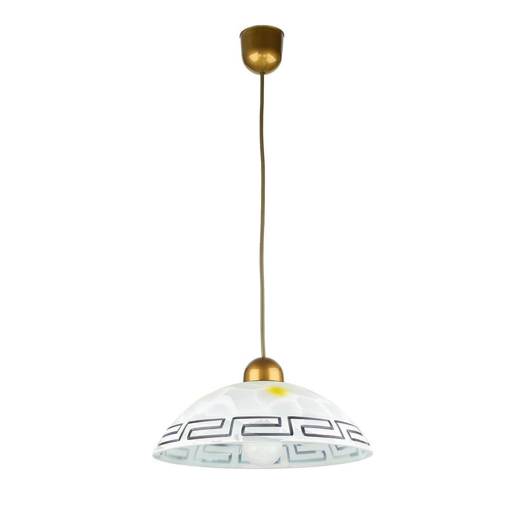 A pendant light fixture hanging against a white background.