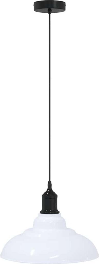 A white and black pendant light fixture against a white background.