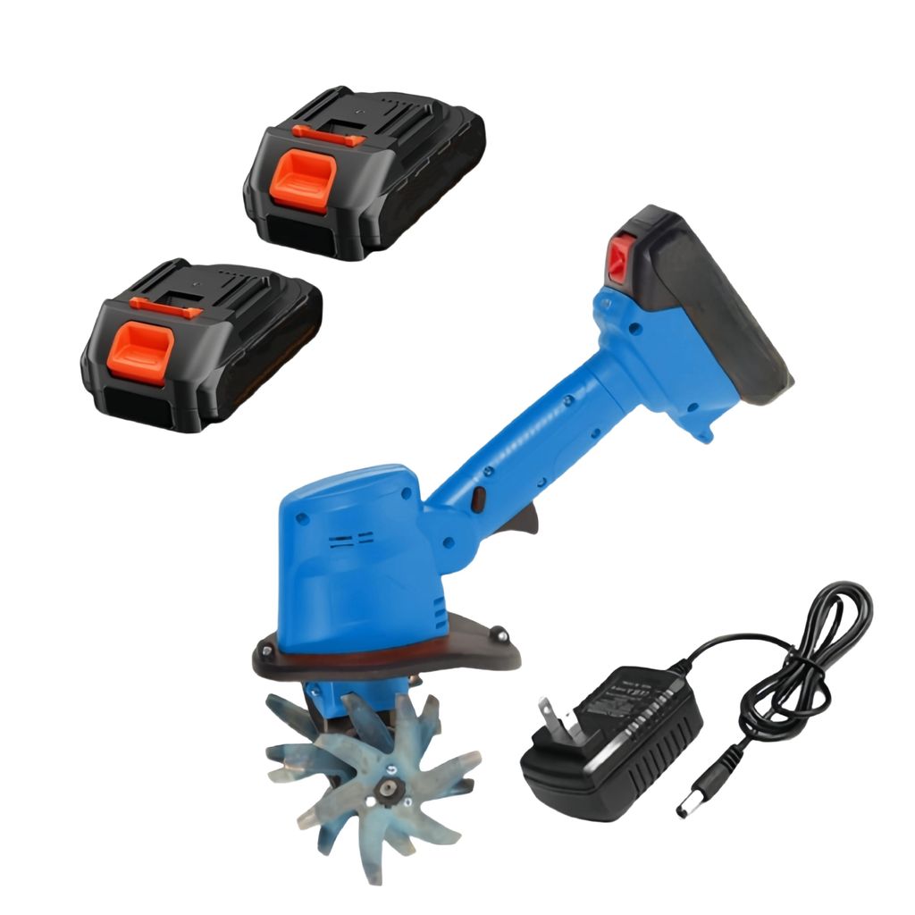 Multifunktionaler Mikro-Tiller, 100mm, elektrische Gartenfräse, 235 U/min, batteriebetriebener Rototiller für Gartenarbeit, 2 Akku und Ladegerät