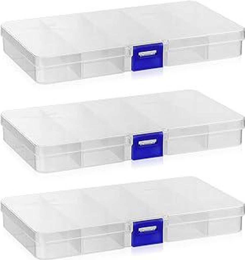 3 Stk Plastik Sortierboxen für Kleinteile, Kleine Aufbewahrungsbox mit verstellbaren Fächern, Sortimentsboxen, 15 Fächern Sortierkasten mit Deck...